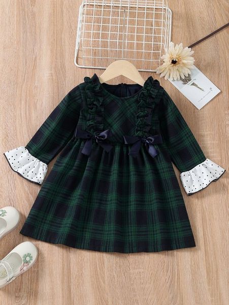 

toddler girls tartan frilled bow front flounce sleeve dress she, Red;yellow