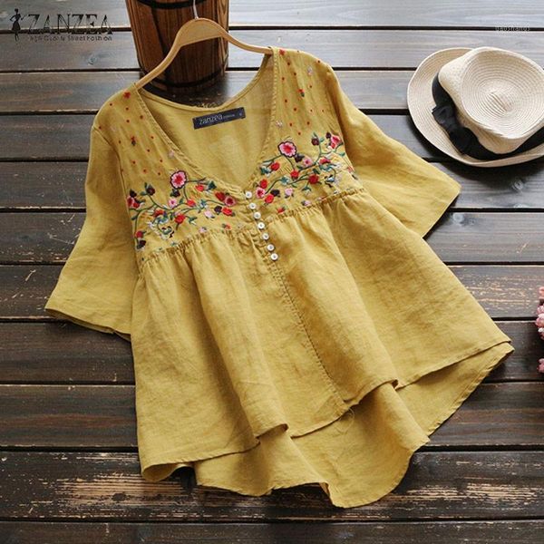 

summer v neck short sleeve shirt zanzea women vintage embroidery blouse female floral blusas robe femme casual cotton linen 1, White