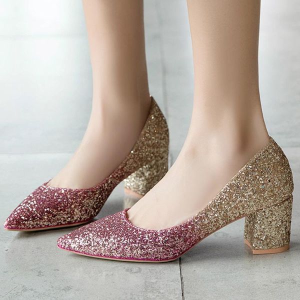 

dress shoes fashion woman pumps sequined cloth shiny platform square mid heel point toe shallow female ladies wedding zapatos de mujer, Black