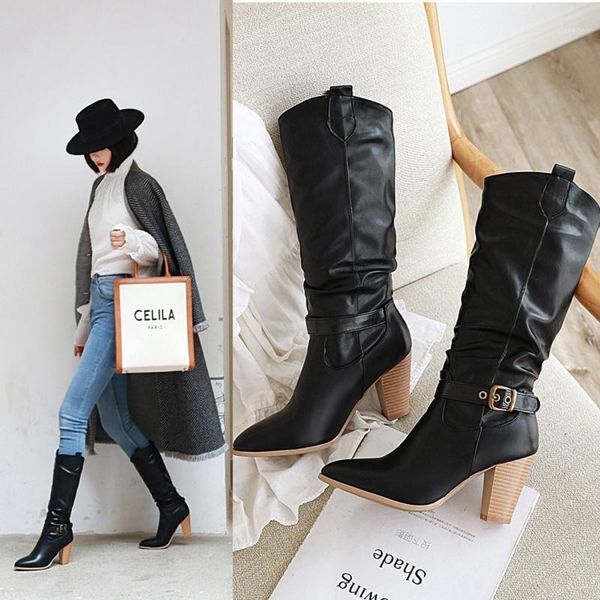 

boots lovirs women fashion mid-calf pointed toe western cowboy chunky heel size 34-461, Black