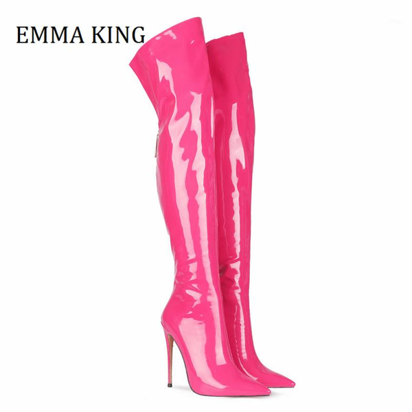 

boots 2021 autumn winter women thigh high patent leather stiletto heels booties long back zipper shoes botas de mujer1, Black