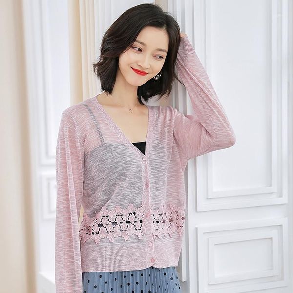 

new summer & spring lady hollow knitwear long sleeve elegant female lace stitching thin knit outwear1, White