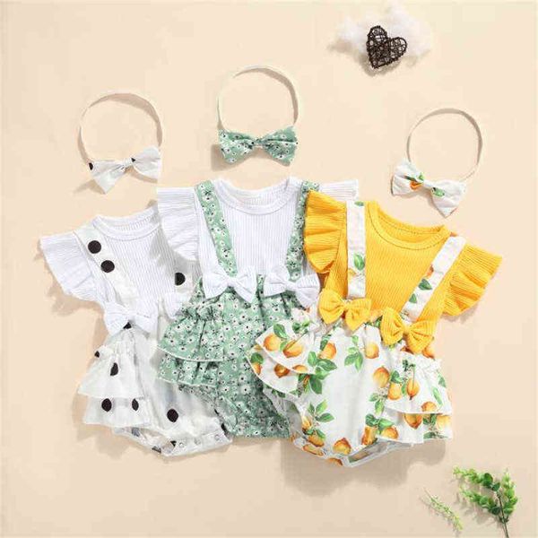 

2pcs summer baby girl rompers newborn baby clothes toddler ruffle sleeve fruit floral dot printed jumpsuit with headband g220223, Blue