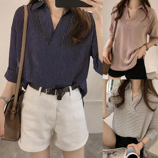 

new women's shirt fashion turn down collar 3/4 sleeve vertical strips office shirt blouse female clothes blusas lady summer, White