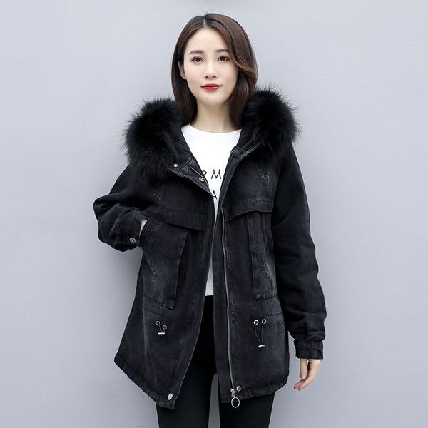 

thick faux fur collar denim jacket cotton-padded jacket women winter hooded flannelette warm black jacket coat plus size, Black;brown