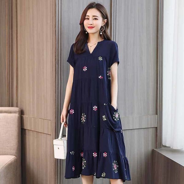 

2021 new women elegant a-line vintage embroidery party vestidos short sleeve plus size women summer dress casual v-neck solid 608 yf5v, Black;gray