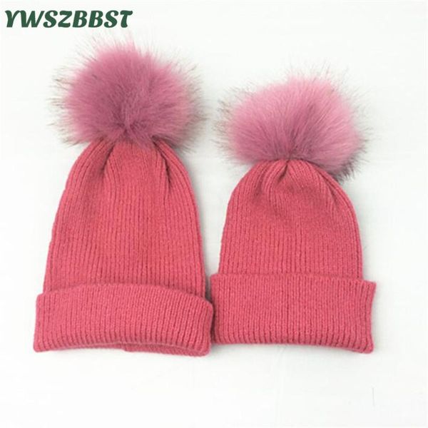 

caps & hats 2pcs/lot winter mom baby knitted wool for girls boys toddler crochet beanies fur ball cute dad, Yellow