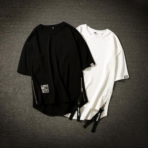 

streetwear хлопсочные мужские футболка половина длина tee рубашка homme хип-хоп ленты боковой молнии короткие рукава мужская футболка, White;black