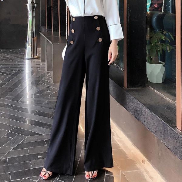 

british style women's high waist wide leg pants casual loose with double gold buckles black full length trousers female m357, Black;white