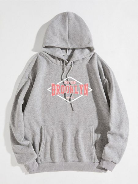 

geo & letter graphic kangaroo pocket drawstring thermal hoodie x0fz#, White;black