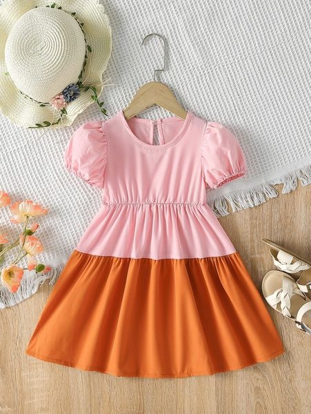 

baby colorblock puff sleeve keyhole back ruffle hem dress she, Red;yellow