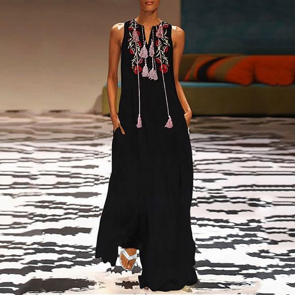 

2021 vestidos female long maxi dress casual robe daily sleeveless cotton-blend floral embroidery summerdress #35 drop shipping, Black;gray