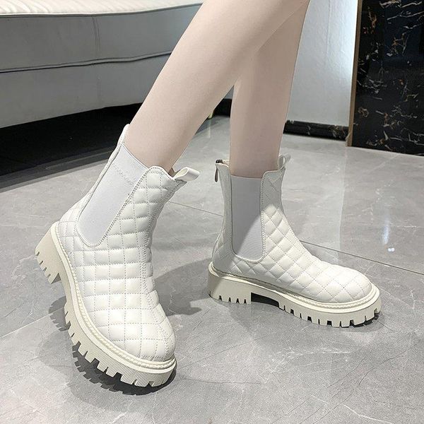 

boots rimocy british style plaid ankle women vintage patchwork flock zipper leather winter warm plush bota mujer, Black