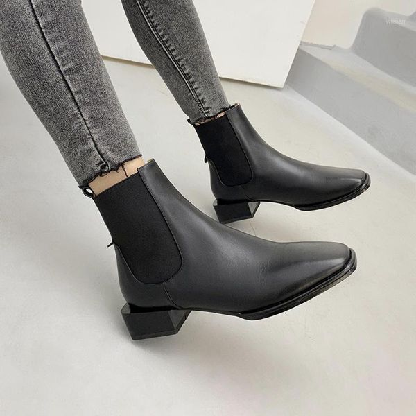 

genuine leather ladies boots elastic band square toe low heels pumps vintage autumn winter party working shoes woman1, Black