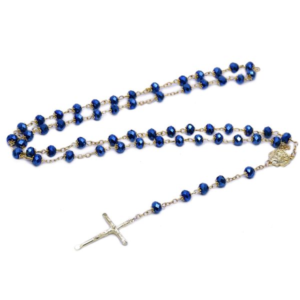 Collana di rosario croce cristallo blu con gioielli religiosi della tazza
