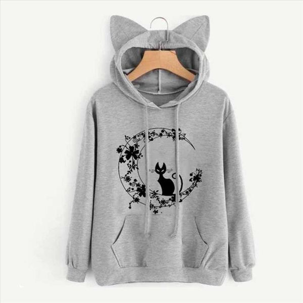 

cat sweatshirts women hoodies warm pullovers with cat ear harajuku hooded girls teens cute kawaii hooded sweatshirts new, Black
