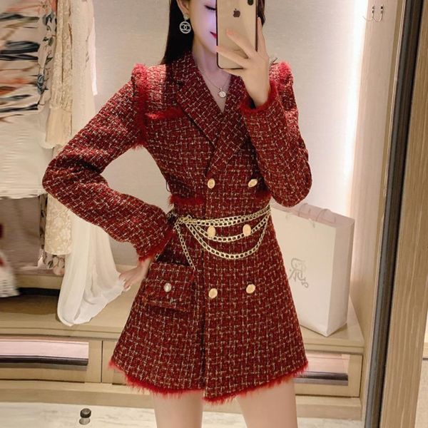 

red tweed plaid double breasted long blazer coat women thick long woolen suit coat autumn winter outerwear with chain belt bag, White;black