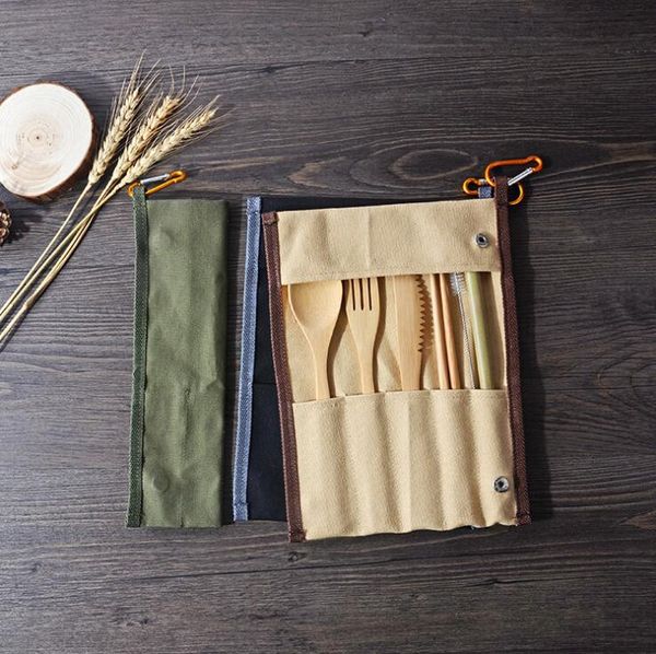

portable cutlery set bamboo flatware set knife fork spoon straw for outdoor travel dinnerware set with canvas packaging bag nice gifts
