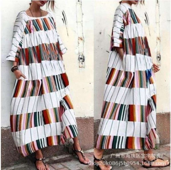

sister spring new large women's big striped print long dress, Black;gray