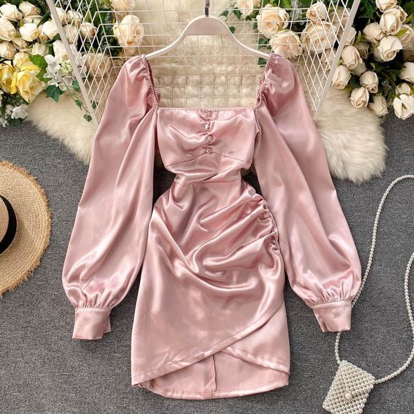 

foamlina pink satin dress puff sleeve square collar ruched mini dress solid streetwear outfits ladies club party vestidos, Black;gray