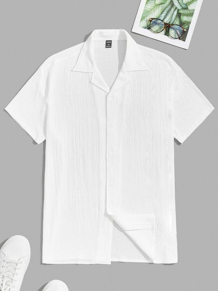 

men solid button front lapel neck shirt 08ow#, White;black