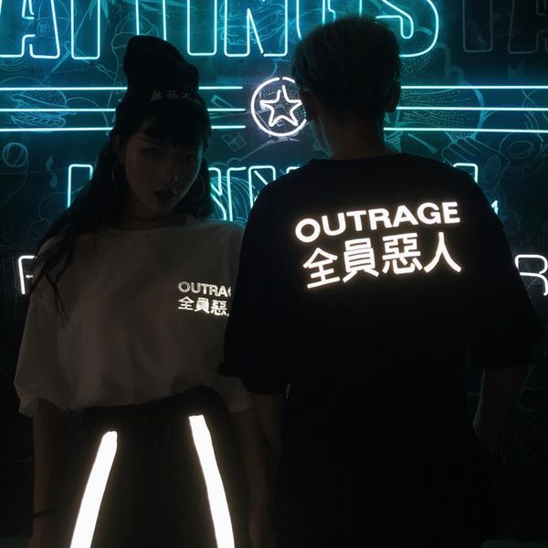 

chinese style outrage letter reflective luminous printed t-shirt men women 100% cotton funny tshirt couple clothes, White;black
