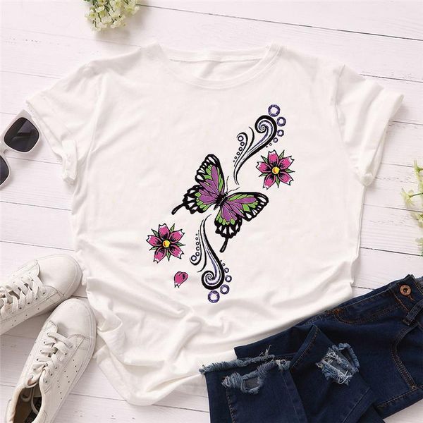 

harajuku color butterfly print white t shirt o-neck punk aesthetics t-shirts casual short sleeve streetwear women tees
