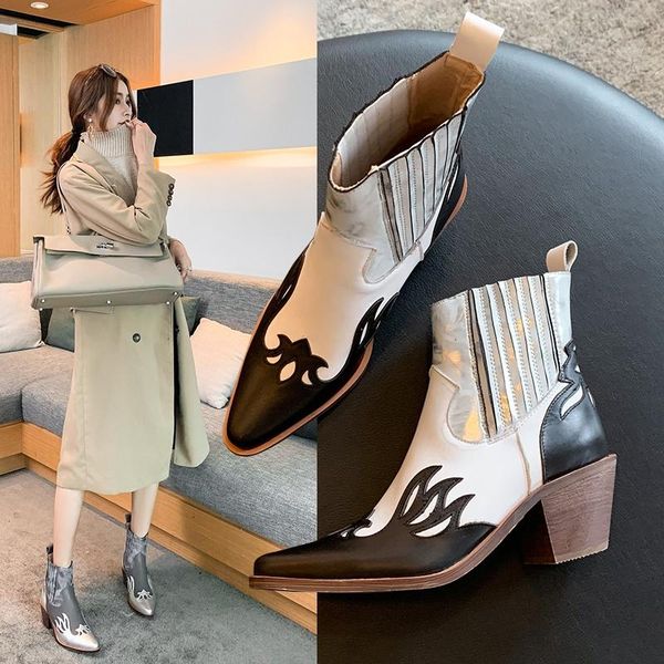 

2020 autumn new women ankle boots western boots women winter boot shoes leisure flower pattern cow leather shoe for, Black