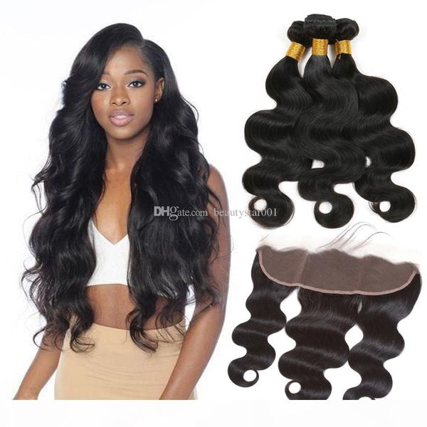 

peruvian virgin body wave with closure 3 bundles deal with frontal 100% human hair weaves 13*4 ear to ear lace frontal closure, Black;brown