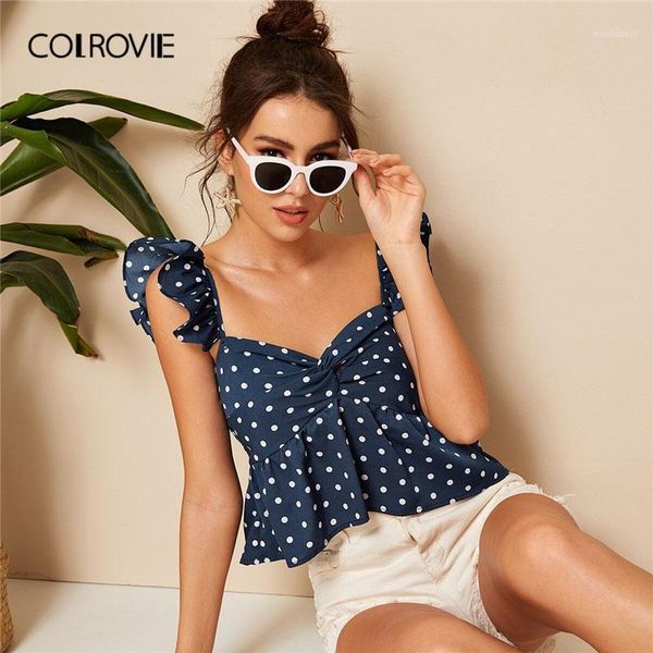 

colrovie navy twist polka dot boho crop peplum women blouse shirt 2019 summer holiday wear vacation ladies blouses1, White