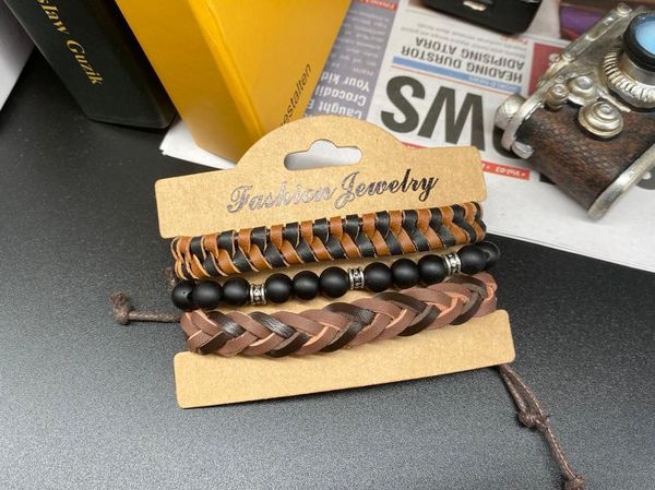 

junwei мужская якорь кожаный браслет черный бусы тканые ручной работы браслет из трех частей набор junwei мужское высококачественное дешевое