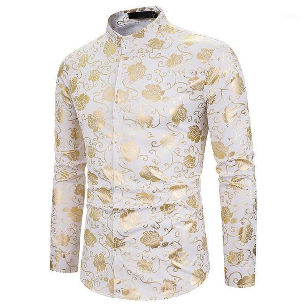 

stand collar long sleeve shirt man casual rose flower printed autumn spring night club party shirts men office blouse us size1, White;black
