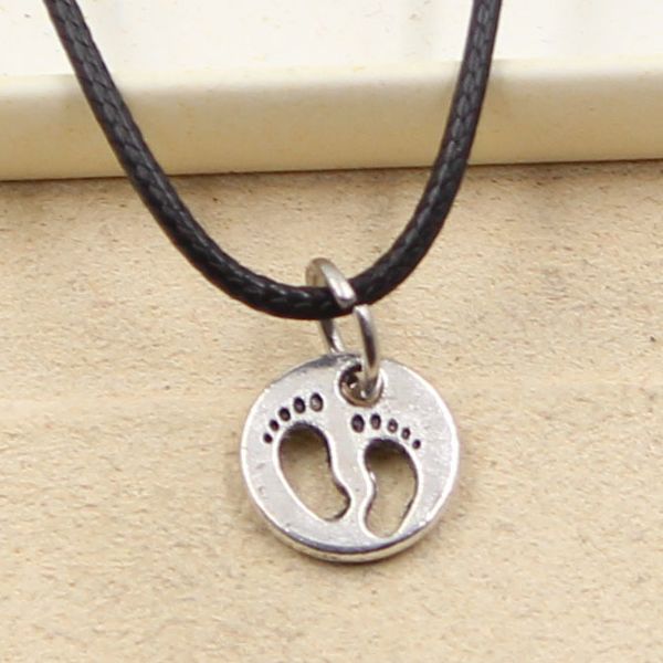 

tibetan silver color pendant feet foot necklace choker charm black leather cord factory price handmade jewelry e762