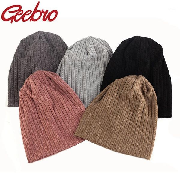 

geebro women soft decorative pattern stripes cotton hats spring winter slouchy hats ladies girls ribbed skullies beanies gorros1, Blue;gray