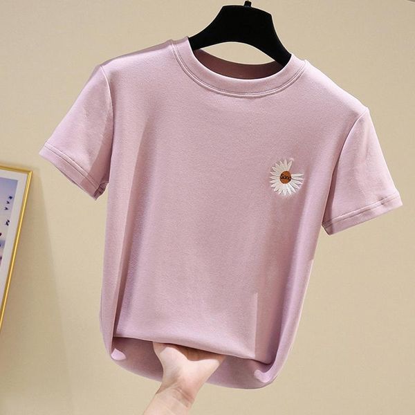 

women's t-shirt t shir summer solid-color o neck women stylish fit casual shirt chrysanthemum pattern, White