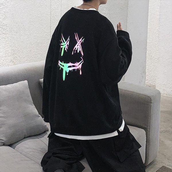 

hip colorful reflective hoodies for men streetwear man oversized smile printed sweatshirts 2021 man pullovers, Black