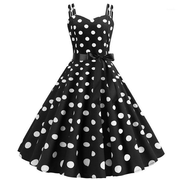 

casual dresses women summer 2021 robe vintage 50s 60s pin up big swing party rockabilly dress spaghetti strap polka dot vestidos1, Black;gray