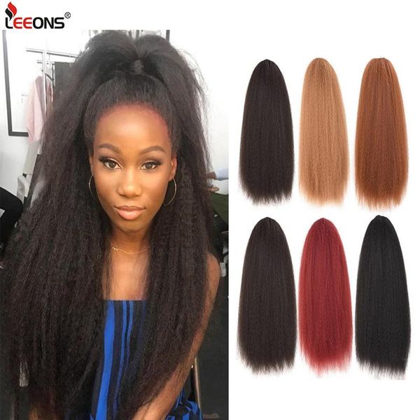 

leeons 22 inch drawstring ponytail hair extension clip synthetic afro kinky straight ponytail hairpieces with elastic b bbyflg, Black;brown
