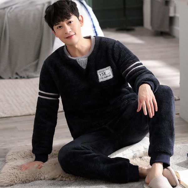 

men's sleepwear 2021 style pajamas set autumn winter warm flannel thicken male sets long sleeve +pant leisure, Black;brown