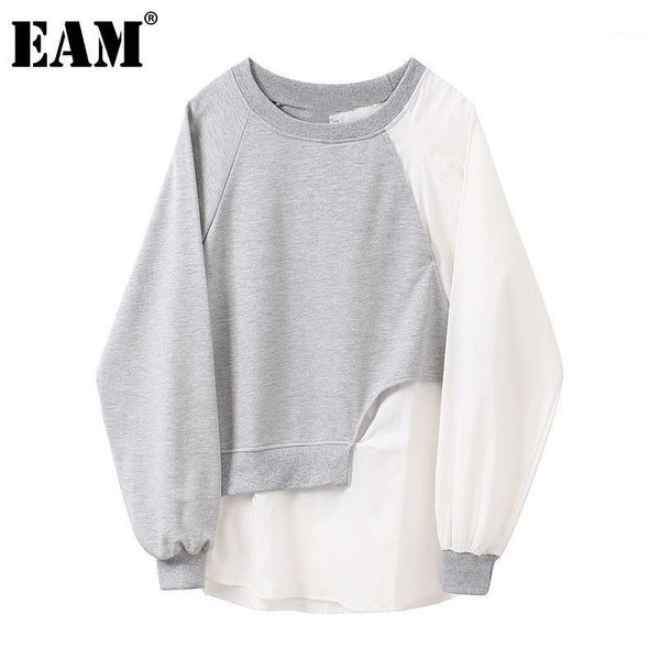 

eam] loose fit gray split joint sweatshirt new round neck long sleeve women big size fashion tide spring autumn 2020 1z0891, Black
