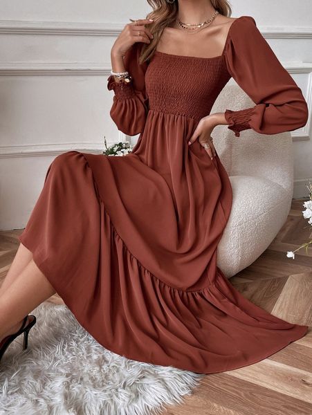 

square neck shirred ruffle hem dress w0ac#, Black;gray