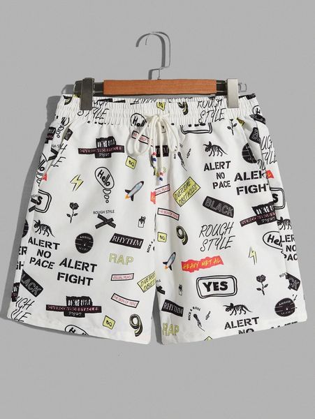 

men allover print drawstring waist shorts s6b1#, Black