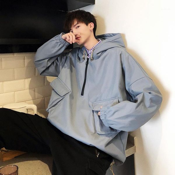 

2019 spring work pocket pullover men's white jacket hoodies harajuku streetwear high street casual, Black