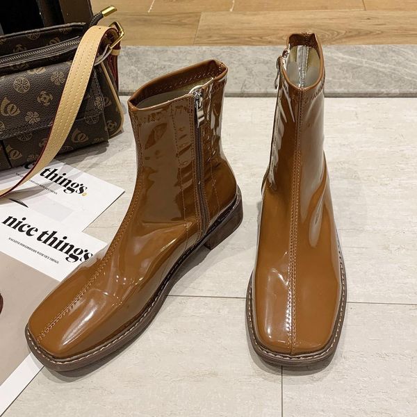 

2021 warm female winter teddy ankle leather high heels block foot toe zip gothic boots brown shoes 83qp, Black