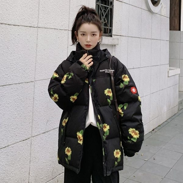 

ladies loose hooded print short down jacket, Black