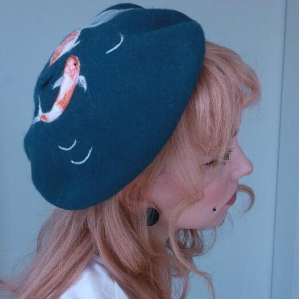 

2020 cute goldfish berets princess sweet lolita hat vintage handmade fish hat real woolen warm winter beret manual wool felt beret, Black;white