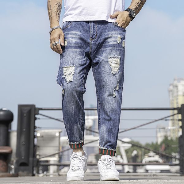 

summer new large 9-point harlem pants hole binding loose washed jeans men's wear, Blue