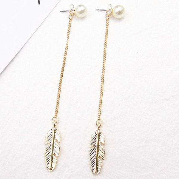 

simulated pearls long tassel dangle earrings for women leaf feather drop brincos bijoux boucle d'oreille jewelry earring wmthjq, Golden