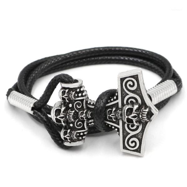

youeshone viking leather hammer skull mjolnir bracelet- 23cm1, Black