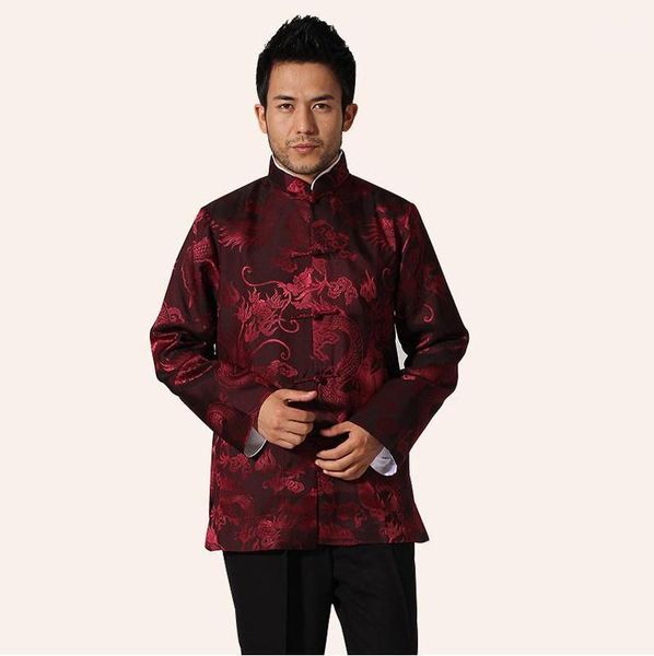

traditional burgundy chinese men silk satin jacket novelty coat handmade button dragon overcoat m  xl xxl xxxl mn301, Black;brown